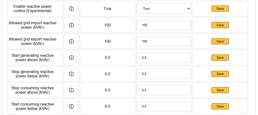 Reactive power control settings